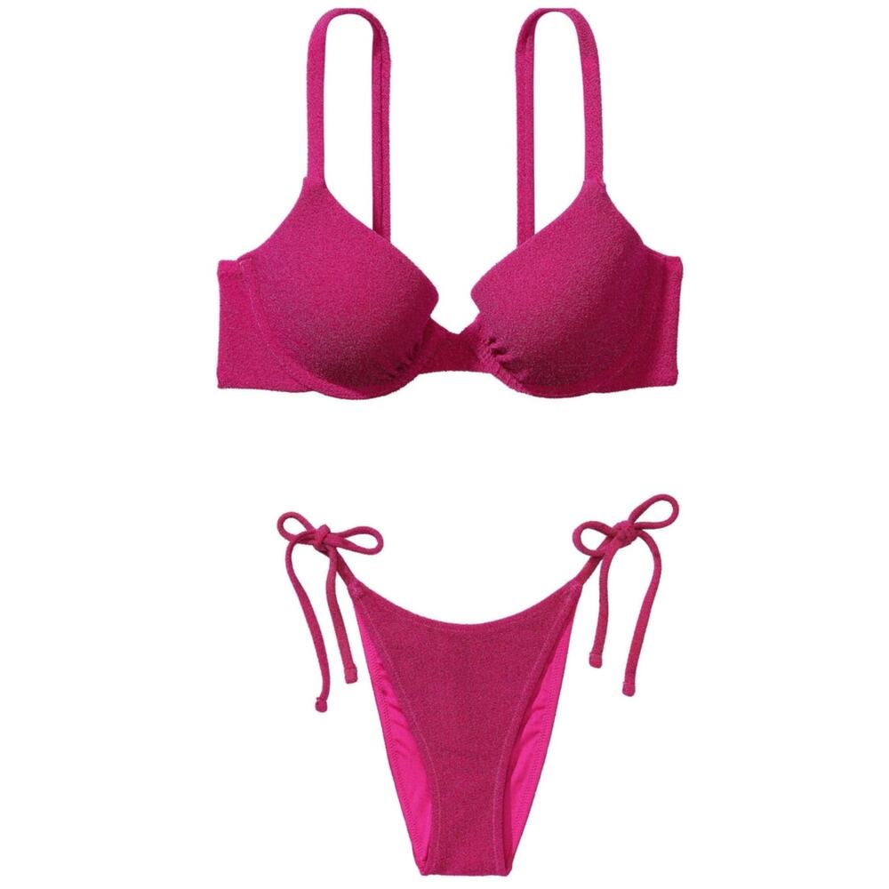 VS Swim Shimmer Icon Push-Up Top + Side-Tie Brazilian Bikini Bottom Forever Pink